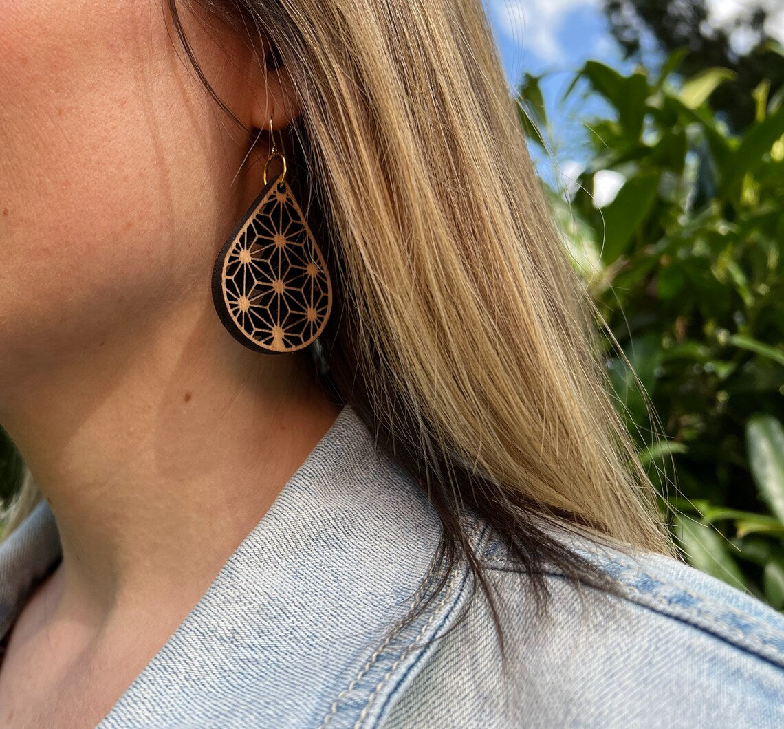 Wood Asanoha (麻の葉) Kumiko Earrings